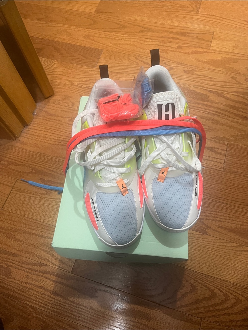 Jordan White Sneaker with Neon Pink, Lime and Sky Accents - Picture 3 of 3